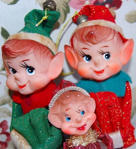 Vintage 1960's Christmas Pixie Knee Huggers.  My grandmother used this as package toppers when I was young...the ones that were left she used for tree ornaments in the years to come.  When she passed away they became mine.  I love seeing them on my tree each year and think of her each time I hang them. Christmas Journals, 70s Memories, Memories Childhood, Retro Christmas Decorations, Kitsch Christmas, Knee Hugger, Christmas Elves, Elf Ears, Christmas Memories