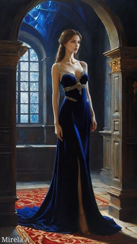 Sapphire Ball Gown, Night Court Dresses Acotar Style, Blue Elegant Dresses, Blue Gown Aesthetic, Daenerys Blue Dress, Once Upon A Time Outfits, Fantasy Queen Dress, Fantasy Gowns Warriors, Starfall Dress