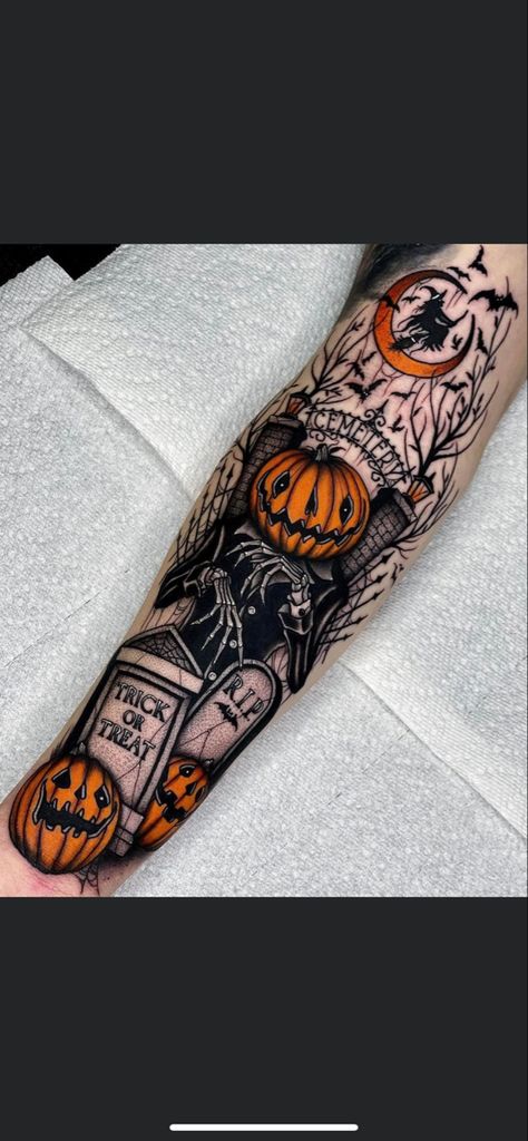 Men Halloween Tattoos, Fall Leg Tattoo, Werewolf Hand Tattoo, Halloween Arm Sleeve Tattoo, Halloween Leg Sleeve Tattoo For Women, Spooky Halloween Tattoos, Spooky Garden Tattoo, Halloween Tattoo Sleeve, Halloween Sleeve Tattoo