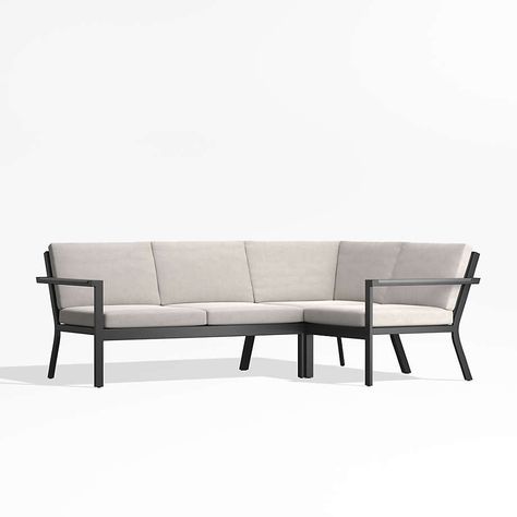 Alfresco Metal 3-Piece Petite L-Shaped Outdoor Sectional Sofa with Silver Sunbrella Cushions + Reviews | Crate & Barrel Petite Sofa, Outdoor Sectional Furniture, Outdoor Furniture Covers, Outdoor Couch, Patio Sectional, Sunbrella Cushions, Sofa Frame, Outdoor Furniture Collections, Cabin Style