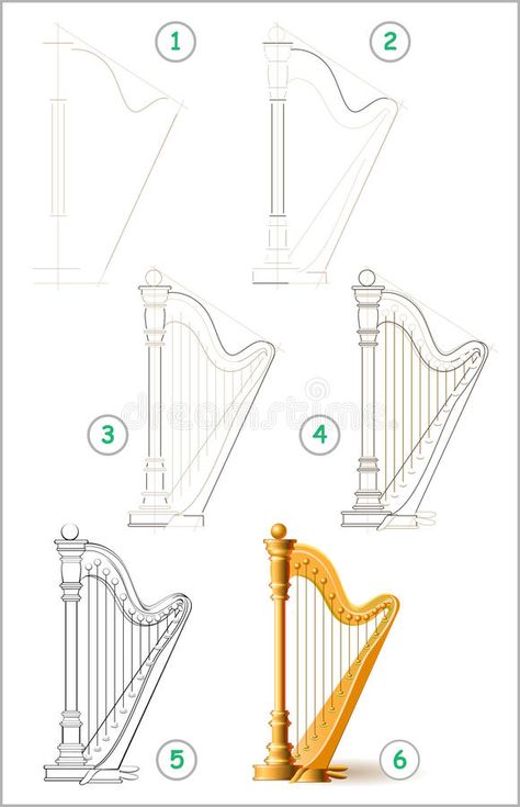 Page shows how to learn step by step to draw stringed musical instrument harp. Vector image. Scale to any size without loss of resolution stock illustration Musical Instruments Drawing, Christian Drawings, Friends Journal, Musical Art, Drawing Images, Sketches Easy, Mural Wall Art, Drawing Lessons, Simple Doodles