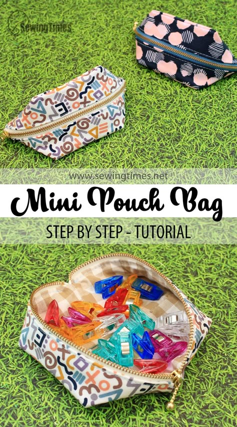 DIY Mini Pouch Bag | Wide Open Coin Purse Sewing Tutorial [sewingtimes] Hand Bags Ideas, Mini Pouch Bag, Pochette Diy, Diy Coin Purse, Purse Sewing, Coin Purse Tutorial, Pouch Diy, Sewing Machine Projects, Pouch Sewing