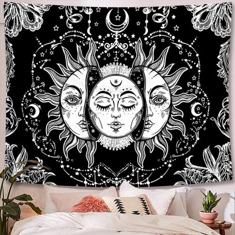 Sun And Moon Mandala, Dorms Decor, Sun And Moon Tapestry, Moon Mandala, Star Tapestry, Mandala Tapestries Wall Hangings, Black And White Beach, Mandala Boho, Moon Tapestry