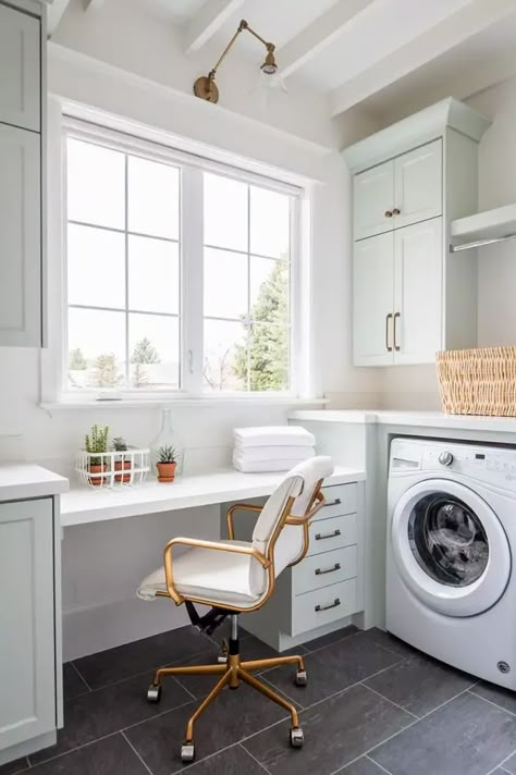 White Floating Desk, Laundry Craft Rooms, Laundry Room Countertop, Grey Laundry Rooms, Slate Floor, White Laundry Rooms, Slate Tile Floor, Light Gray Cabinets, Laundry Room Lighting