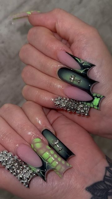 THE NAIL PLUG TBY LLC 🔌 on Instagram: "love when the girls give me creative freedom 🥹 we wanted to get a head start on spooky season 💚 #nails #nailsofinstagram #nailtech #nailtrends #nailtechlife #nailinspo #ducknails" Creative Long Nails, 2000 Nails, Spooky Season Nails, 2000s Nails, Freestyle Nails, French Tip Acrylics, Camo Nails, Season Nails, Hard Nails