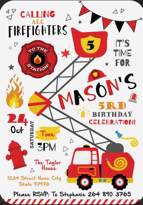 Truck Party Invitations, Fishing Invitations, Truck Theme Birthday, Fire Truck Birthday, Boys Birthday Party Decorations, Fireman Party, Firetruck Birthday Party, Fire Truck Party, Firefighter Party