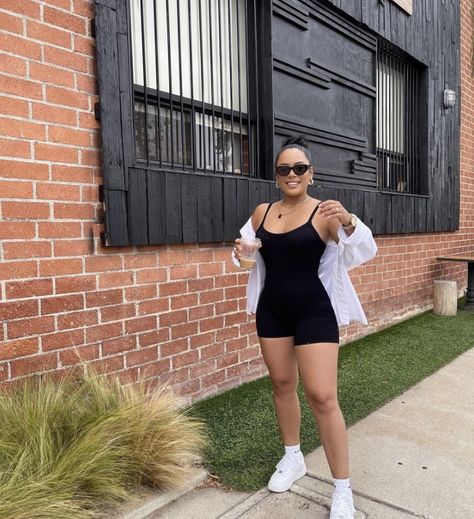 Short Bodycon Jumpsuit Outfit, Biker Bodysuit Outfit, Black Bodysuit Romper Outfit, Shorts Jumpsuit Outfit Black Women, Biker Shorts Romper Outfit, Black Shorts Jumpsuit Outfit, How To Style Romper Outfit Ideas, Bodycon Romper Outfit With Sneakers, Casual Romper Outfit Sneakers