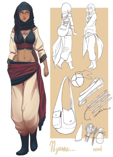 Desert Nomad Art, Middle Eastern Clothing Women, Middle Eastern Character Design, Desert Attire, Desert Clothing, Middle Eastern Clothing, 3d Karakter, Middle Eastern Fashion, Model Sheet