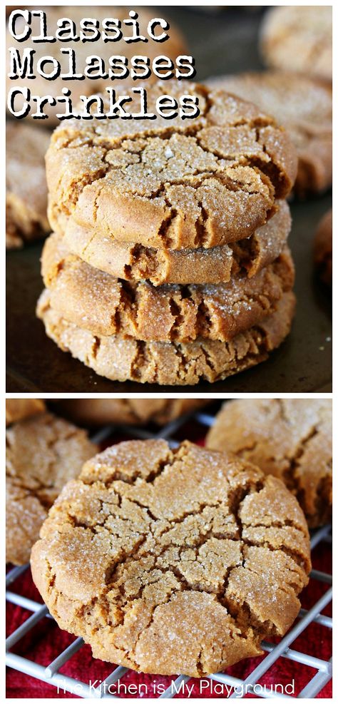 Classic Molasses Crinkles ~ These family-favorite molasses cookies are perfect for Christmas cookie platters and cookie exchanges. And for everyday snacking, too! #molassescookies #gingerbread #Christmascookies www.thekitchenismyplayground.com Molasses Crinkles, Peanut Butter Cookie Recipe Soft, The Kitchen Is My Playground, Cookie Platters, Best Oatmeal Cookies, Cinnamon Roll Cookies, Classic Cookies Recipes, Snickerdoodle Recipe, Snickerdoodle Cookies