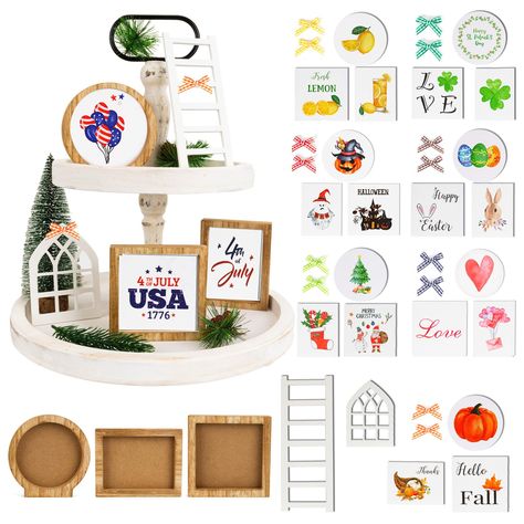 PRICES MAY VARY. Seasonal Tiered Tray Decor Accessory(Stand Not Included):This set including 3 different shaped & sized frames (a square,a rectangle and a round one), 15 beautiful seasonal prints tiered tray decor cards(prints stored inside frames),a ladder, an arched style window, 20 bows in 10 different colors.perfect for any festive event. Discover the charm of our beautiful, seasonally themed decorations set. Quality and Versatility: Expertly crafted from high-quality wood materials, our tie 3 Tier Stand Decor, Tiered Tray Decorations, Halloween Table Centerpieces, Lemon Kitchen Decor, Fall Tiered Tray Decor, Table Home Decor, Farmhouse Centerpiece, Lemon Kitchen, Halloween Centerpiece