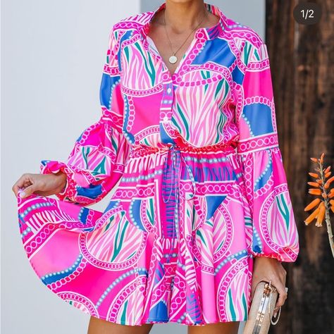 Springs Outfit, Bright Summer Dresses, Palm Springs Outfit, Chic Resort Wear, Lux Dress, Pink Print Dress, Balloon Sleeve Dress, Lined Skirt, Loungewear Sets