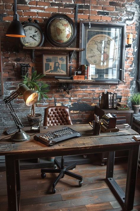 Photography Office Design, Industrial Office Ideas, Man’s Office, Rustic Office Design, Office Decor For Men, Loft Home Office, Rustic Home Office, Cozy Office Space, Home Office Industrial