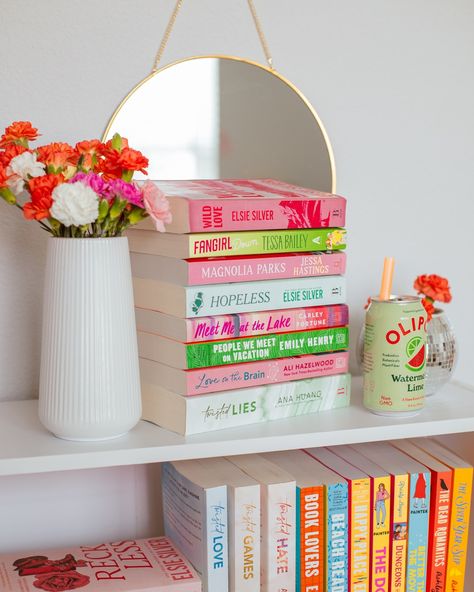 Watermelon book stack featuring some pink and green romance books! Reading Book Bedroom, Dreamy Bookshelves, Romance Book Stack, Sun Haven, Meet Me At The Lake, Gold Bookshelf, Book Bedroom, Book Goals, Colorful Books