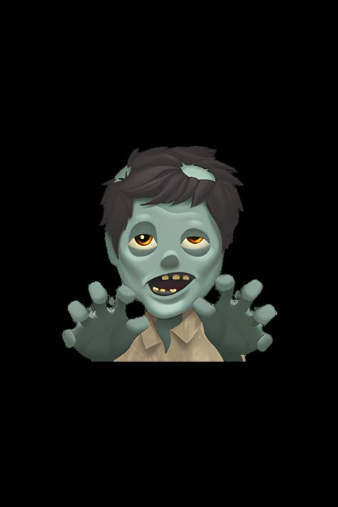 The emoji 🧟‍♂️ depicts a male zombie. The zombie has green skin, sunken eyes, and a partially exposed brain. The hair is disheveled and the mouth is open, revealing sharp teeth. The zombie is wearing a shirt and appears to be walking with a limp. Male Zombie, Summoning Demons, Emoji Meanings, Iphone Png, Zombie Style, New Emoji, Horror Merch, Emoji Defined, Sunken Eyes