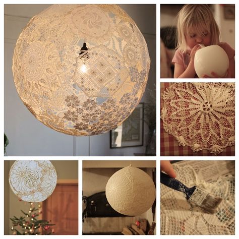 It's hard to believe that this beautiful hanging lace lamp can be made at home with little more than some creativity, a few doilies, and a balloon. Lace isn't just for clothes anymore! Learn how to decorate any room with a beautiful lace lamp ! What You'll Need: 1 .Lace material 2. Big balloon 3. Wallpaper glue 4. Pin to pop the balloon and a basic lighting kit Directions: 1. First, blow up the balloon and tie it. 2. Collect all of your lace, paint and soak them with wallpaper glue. 3. Hang your Doily Lamp, Lace Lamp, Doilies Crafts, Lace Crafts, Cloud Lights, Dekor Diy, Astuces Diy, Lace Doilies, Diy Lamp