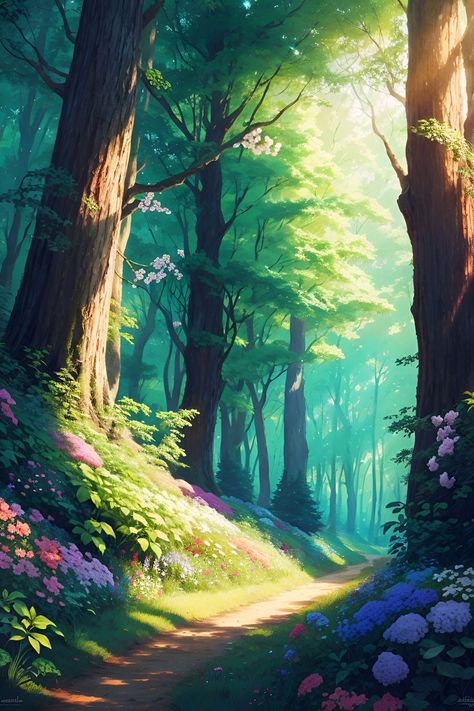 Neon Wallpapers, Forest Drawing, Green Scenery, Forest Mural, Dreamy Artwork, Forest Background, Dreamy Landscapes, Landscape Concept, Forest Path