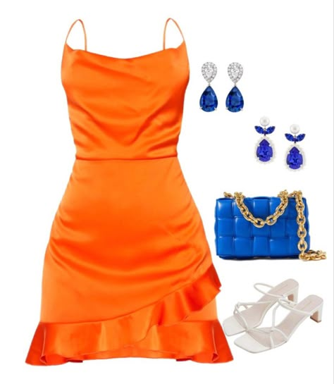 Orange Dress With Heels, Orange With Blue Outfit, Outfits With Orange Heels, Blue And Orange Outfit Ideas, Orange And White Outfits, Orange Blue Outfit, Bright Blue Outfit, Orange And Blue Outfit, Blue And Orange Dress