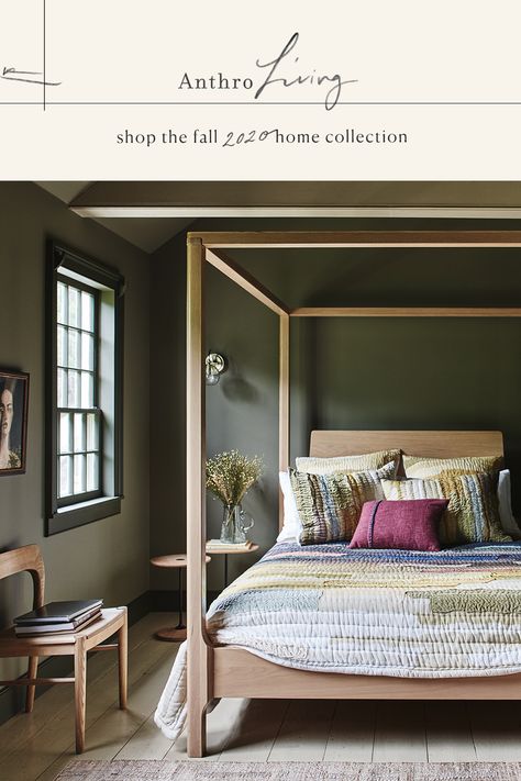 Pulling from the natural palette of its windows’ sweeping views, this farmhouse bedroom is a place of rest and refinement. The focal point, a stately (yet modest) canopy bed, stands tall among a small array of fellow light-wood pieces, all of which pop against a deep sage backdrop. Here, one can thrive among the organic beauty of earth tones and textures. Farmhouse Canopy Bed, Eclectic Seating, Linen Dining Chairs, Hudson Homes, Natural Palette, Four Poster Bed, Four Poster, Oak Desk, Poster Bed