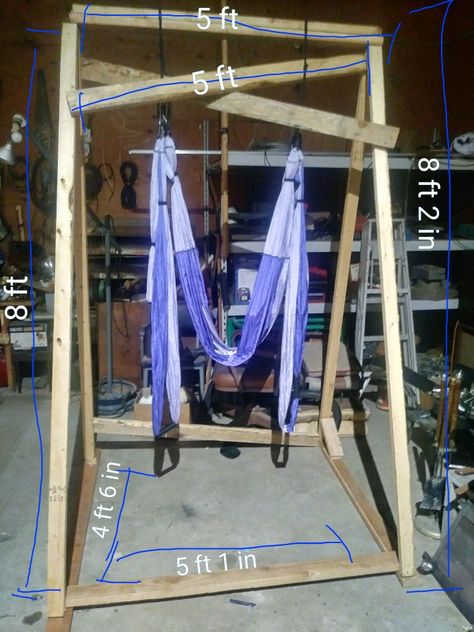 I didn't want to pay the $100+ dollars for the stand, so with some recycled lumber around the house I made my own.  Here's the dimensions if you too want to save money!!  Btw I LOVE my yoga trapeze, and highly recommend them!! Diy Aerial Yoga Stand, Trapeze Yoga, Outdoor Yoga Space, Ariel Yoga, Ariel Silks, Bendy Straw, Flying Yoga, Yoga Trapeze, Air Yoga