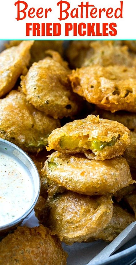 Beer Battered Fried Pickles Spicy Ranch Dip, Beer Batter Recipe, Beer Battered Fries, Deep Fried Pickles, Fried Pickles Recipe, Spicy Ranch, Deep Fried Recipes, Beer Battered, Deep Fried Food