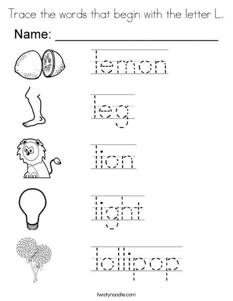 Trace the words that begin with the letter L Coloring Page - Twisty Noodle Letter L Words, L Coloring Pages, Letter L Crafts, Letter L Worksheets, Homeschool Portfolio, Coloring Worksheet, Twisty Noodle, Cursive Writing Worksheets, Cursive Words