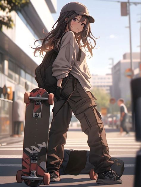 A Girl, Long Hair, Skateboard, Anime, Hair