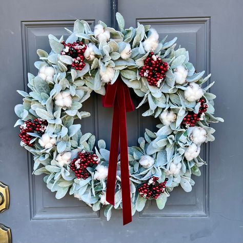 Winter Wreath Ideas, Winter Wreaths For Front Door, Pretty Porches, Cotton Bolls, Deep Red Velvet, Door Wreath Christmas, Double Door Wreaths, Lamb's Ear, Mini Wreath