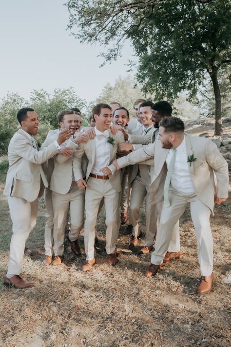 Champagne Mens Outfit, Mens Light Suit Wedding, Men’s Wedding Suits Neutral, Ivory Suit Groom Groomsmen, Beige And Sage Suits Wedding, Sandy Groomsmen Suits, Father Of The Bride Beige Suit, Wedding Party Beige Suits, Beige Suite Wedding Groom Attire