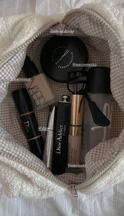 Minimalistic Makeup Products, Inside Makeup Bag, Classy Makeup Bag, Elegant Makeup Products, Elegant Makeup Bag, Whats In My Makeup Bag Minimalist, Mac Products Aesthetic, Minimalist Makeup Collection Aesthetic, Getting Makeup Done Aesthetic