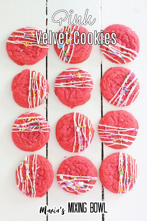 Pink Velvet Cookies, White Chocolate Drizzle, Cookie Dough Ingredients, Velvet Cookies, Tea Cakes Recipes, Cake Mix Cookie Recipes, Pink Food Coloring, Melting White Chocolate, Delicious Cookies