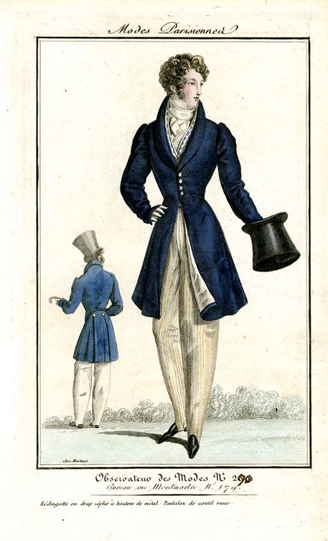 Plate 290 - Observateur des modes 1830s Fashion Men, 1850s Fashion Men, Romanticism Fashion, Regency Mens Fashion, European Mens Fashion, 1820 Fashion, Edwardian Gowns, 19th Century Men, 1820s Fashion