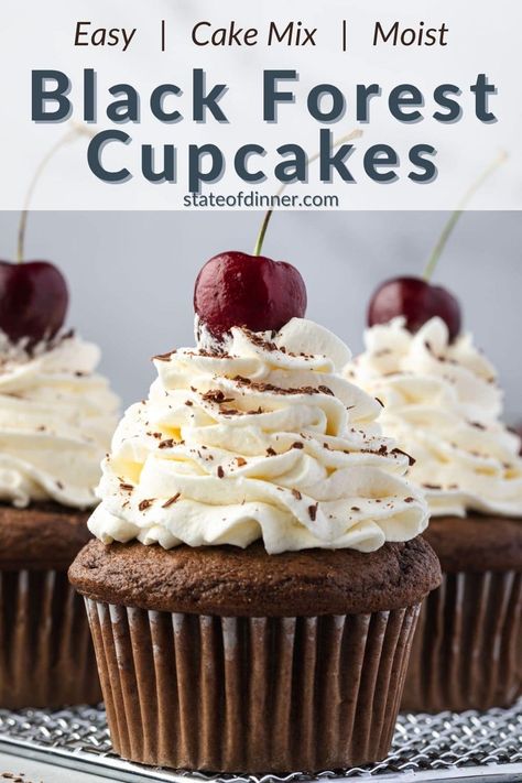 Angel Cake Cupcakes, Easy Black Forest Cupcakes, Black Forest Cake Cupcakes, Black Forest Cupcakes With Box Cake, Black Forest Cupcakes Easy, Black Forest Cupcakes Recipe, Blackforest Cupcakes, Mini Black Forest Cake, Forest Desserts