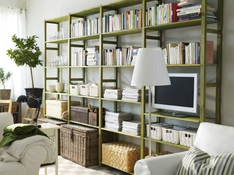 Get creative with IVAR! IVAR is made of untreated solid pine. Pine is a  durable, natural material, that can be painted, oiled or stained according to preference. Green Bookcase, Ikea Ivar Shelves, Ivar Regal, Ikea Inspiration, Ikea Ivar, Ikea Living Room, Dvd Storage, Ikea Shelves, Boho Interior