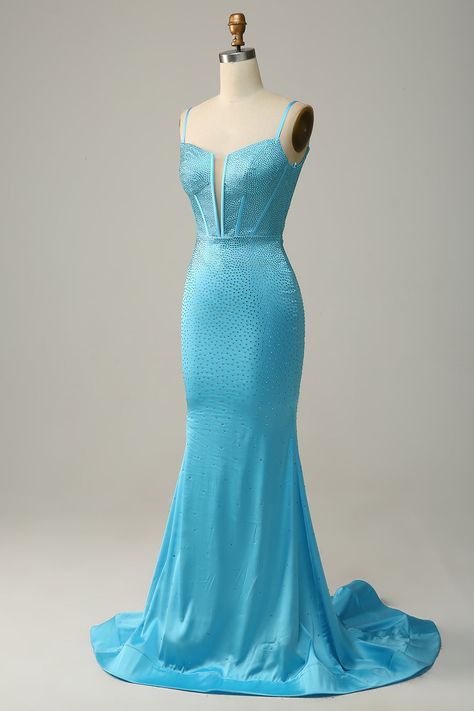 Blue V-neck Mermaid Dress For Prom, Sky Blue Prom Dress Corset, Embellished Blue Mermaid Prom Dress, Luxury Light Blue Floor-length Mermaid Dress, Blue Embellished Sleeveless Mermaid Dress, Prom Dresses Long Blue, Black Lace Formal Dress, Black Lace Evening Dress, Red Lace Prom Dress