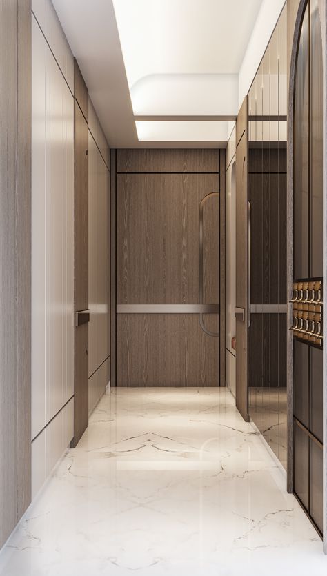 Passage Panelling Design, Entry Foyer Wall Design, Entrance Wall Panelling, Passage Ceiling Design, Residence Lobby, Modern Door Design, Foyer Wall, Door Design Photos, Main Entrance Door Design