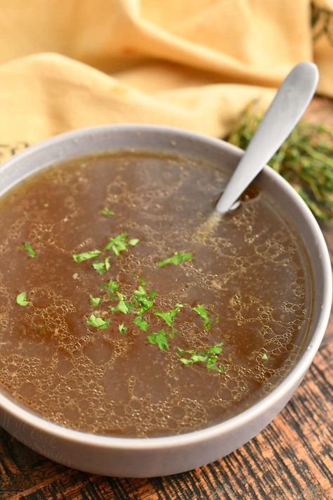 Homemade beef stock is very easy and it will make your soups incredibly delicious and healthy. Learn how to make beef stock from scratch right here in a few simple steps. Use marrow bones for the most health benefits and load it with vegetables like onions, celery, and carrots. #soup #stock #beef #homemade Beef Bouillon Recipe, Beef Shank Soup, Bone Marrow Soup, Carrots Soup, Homemade Beef Stock, Marrow Soup, Bouillon Recipe, Homemade Beef Broth, Soup Stock