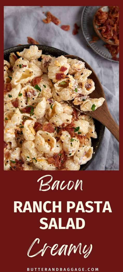 This is one of those summer BBQ dishes that will have everyone asking you for the recipe! With all the classic flavors of creamy ranch dressing, salty bacon, and sharp cheddar cheese, this pasta salad is a refreshing crowd pleaser that can be thrown together in less than 20 minutes. Simple Side Dishes For Bbq, Bbq Potluck Dishes, Easy Cheap Side Dishes Parties, Summer Pasta Salads For Bbq, Overnight Pasta Salad, Hot Pasta Salad Recipes, Bacon Cheddar Pasta Salad, Tailgate Pasta Salad, Pasta Salad With Bacon Recipes