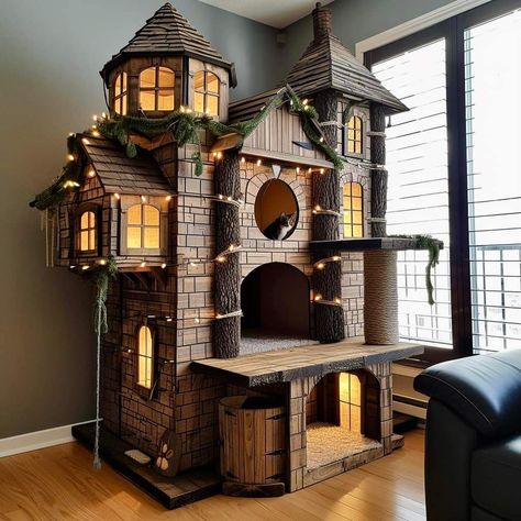 Diy Cat Mansion, Cute Cat Litter Box Ideas, Ultimate Cat Room, Cat House Decorations, Victorian Cat House, Diy Large Cat Tree, Cozy Cat Room, Animal Room Ideas Pets, Catio Ideas Cat Diy