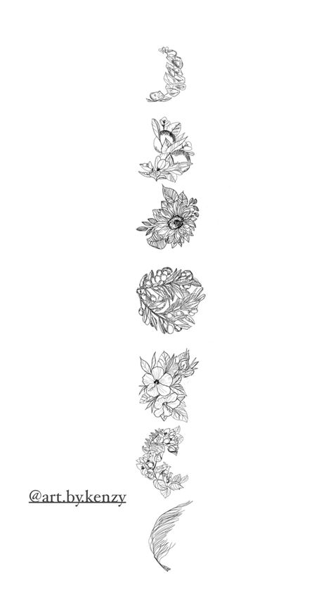 Moon phases filled with flowers - top moon phase is the smallest and contained a eucalyptus, the second phase is a little thicker and has a branches of an orange tree with orange blossoms and two oranges. The next phase is half a circle and is a sunflower with leaves. The full circle is olive branches with a lot of leaves and olives on it. The next phase begins to thin and containes two hibiscus flowers then the next phase is a bit thinner and has bougainvillea buds. Finally the last is pampas Floral Moon Phases Tattoo, Floral Moon Phases, Moon Phase Tattoo, Phase Tattoo, Moon Phases Tattoo, Floral Moon, Back Tattoo, Moon Phases, Tattoos And Piercings