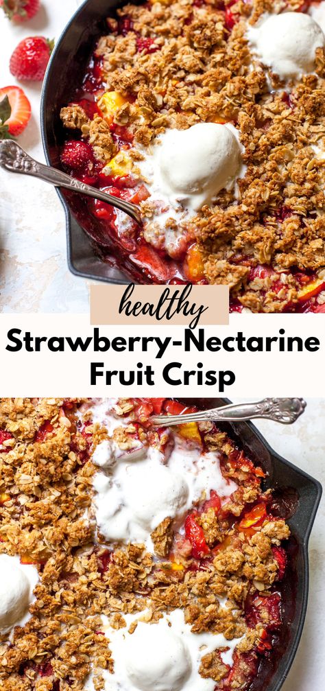 Strawberry-Nectarine Fruit Crisp with Ginger Streusel is a gluten-free breakfast or dessert perfect for summer. Packed with heart-healthy fats, antioxidants, and fiber-rich whole grains. Healthy Fruit Dessert, Gluten Free Tart Recipe, Nectarine Fruit, Whipped Goat Cheese, Healthy Summer Desserts, Raw Vegan Desserts, Oat Crumble, Fruit Crisp, Healthy Strawberry