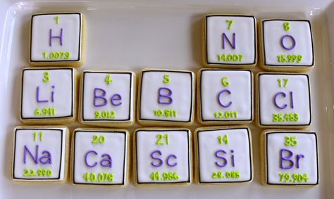 periodic table cookies                                                                                                                                                                                 More Periodic Table Cookies, Chemistry Desserts, Science Decorated Cookies, Periodic Table Cake, Biology Themed Cookies, Chemistry Cookies, Science Theme Party, Science Cookies, Science Themed Party