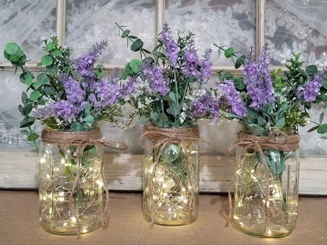 Sets of Lighted Mason Jar Centerpieces, Wedding Centerpieces, Event Centerpieces, Mason Jars With Lights, Wedding Décor, Lavender Purple - Etsy Jars With Fairy Lights Centerpieces, Lavender Table Centerpieces, Gold And Purple Centerpieces, Purple And Green Wedding Centerpieces, Dark Purple Centerpieces, Purple Flower Decorations, Lighted Mason Jar Centerpieces, Wedding Table Settings Purple, Jar Wedding Centerpieces