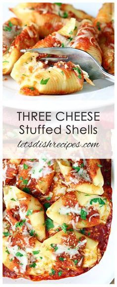 Three Cheese Stuffed Shells Recipe: Jumbo pasta shells stuffed with three cheeses and seasonings, then baked in your favorite marinara sauce. #pasta #cheese Cheese Stuffed Shells Recipe, Jumbo Shell Recipes, Pasta Shells Stuffed, Shells Stuffed, Shell Pasta Recipes, Jumbo Pasta Shells, Shells Recipe, Cheese Stuffed Shells, Spaghetti Casserole