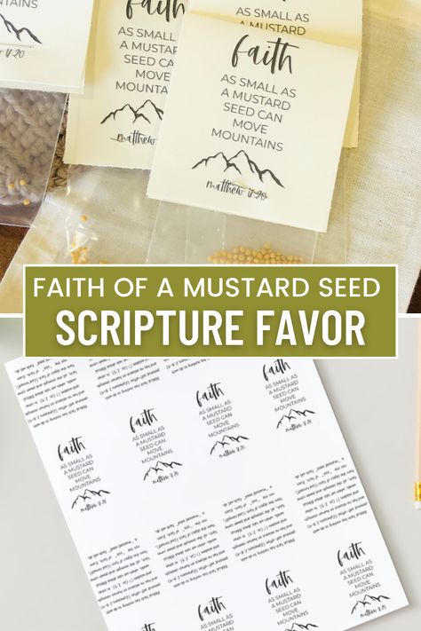 "Faith as Small as a Mustard Seed Can Move Mountains" scripture favor and free printable is perfect for churches, VBS, Sunday school or as a Soul Winning favors to help spread the Gospel message of Christ. Mustard Seed Gift Ideas, Mustard Seed Gifts Diy, Mustard Seed Scripture, Faith Like A Mustard Seed Craft, Mustard Seed Faith Craft Free Printable, Faith Of A Mustard Seed Craft For Kids, Church Favors Ideas, Faith As Small As A Mustard Seed, Mustard Seed Crafts