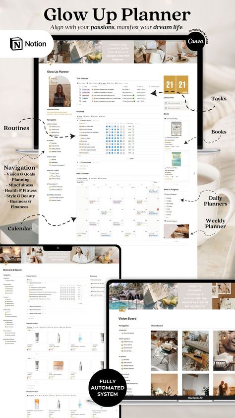 Glow Up Notion | Planner, Mindfulness, Manifestation, Health, Fitness, Beauty, Business & Finances Glow Up Notion Template, Notion Widget, Life Plan Template, Productivity System, Vision Goals, Goals Planning, Work Hacks, Manifestation Planner, Organizing Tools