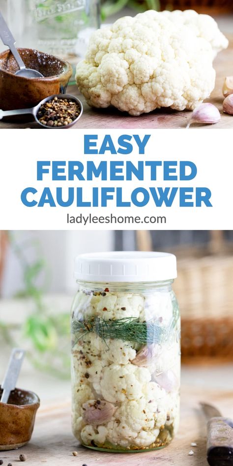 Fermented cauliflower is a healthy sort of food that is great to have around. Instead of reaching for something sweet, fermented cauliflower can be a quick and healthy snack! This is also a great way to preserve cauliflower. Preserve Cauliflower, Fermented Cauliflower, Preserving Vegetables, Pickled Cauliflower, Freezing Vegetables, Fermented Veggies, Dehydrated Vegetables, Healthy Probiotics, Fermentation Recipes