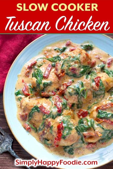 Slow Cooker Creamy Tuscan Chicken recipe is a simple meal to make. With tender chicken breasts, sun dried tomatoes, and a creamy Alfredo sauce, this crock pot tuscan chicken recipe is a delicious meal. slow cooker Tuscan chicken recipe, crock pot Tuscan chicken breasts recipe by simplyhappyfoodie.com #slowcookercreamytuscanchicken #slowcookerchickenbreasts #crockpottuscanchicken #crockpotchicken Crockpot Tuscan Chicken Recipes, Tuscan Chicken Crockpot, Crockpot Tuscan Chicken, Slow Cooker Tuscan Chicken, Crock Pot Tuscan Chicken, Creamy Tuscan Chicken Recipe, Tuscan Chicken Recipe, Paleo Crockpot Recipes, Chicken Breast Slow Cooker