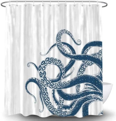 Amazon.com: VEIGIKE Octopus Decor Shower Curtain for Bathroom, Funny Blue and White Sea Monster Kraken Animal Fabric Shower Curtains Set, Unique Novelty Nautical Kids Restroom Accessories with Hooks 72X72Inches : Home & Kitchen Octopus Bathroom Decor, Disney Shower Curtain, Octopus Bathroom, Restroom Accessories, Octopus Decor, Stylish Shower Curtain, Vintage Octopus, Bathroom Themes, Budget Bathroom