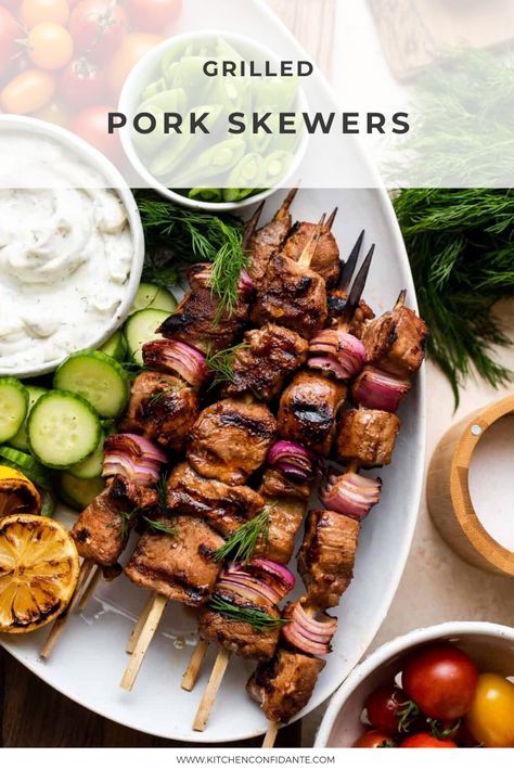 Pork tenderloin gets its flavor from a Balsamic Marinade with soy sauce, garlic, and spicy seasonings! #pork #porkskewers #grilling #porkrecipe  #dinner #delicious | kitchenconfidante.com  @kitchconfidante Grilled Pork Skewers, Soy Sauce Garlic, Balsamic Marinade, Pork Skewers, Spicy Seasoning, The Leftovers, Grilled Pork, Pork Tenderloin, The Grill