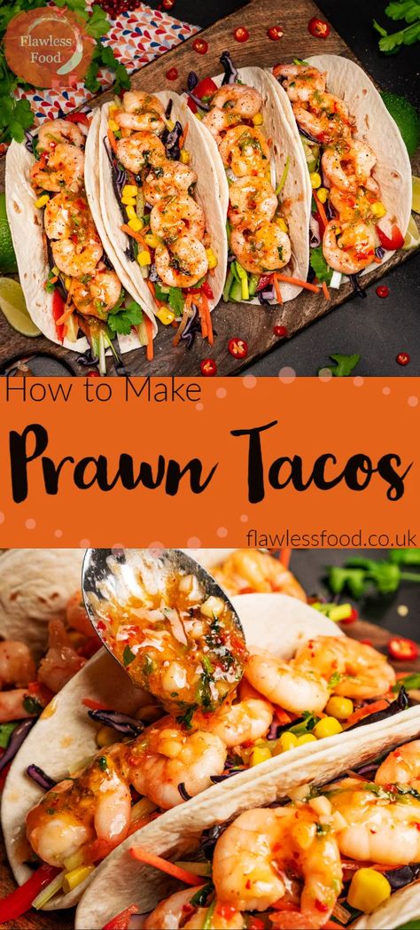 Prawn tacos are a delicious and easy-to-make meal that can be enjoyed any day of the week. Packed with healthy ingredients, they make for a satisfying and nutritious meal. Prawns are an excellent source of protein, and when combined with fresh salad, they make for a well-rounded dish. This recipe can be made with fresh or frozen prawns, and can be easily adapted to suit your taste. So whether you like your tacos mild or spicy, these shrimp wraps are sure to hit the spot. King Prawn Recipes, Prawn Tacos, Chilli Sauce Recipe, Sweet Chilli Sauce Recipe, Shrimp Wraps, Prawn Dishes, Spicy Prawns, Prawn Salad, Tapas Dishes